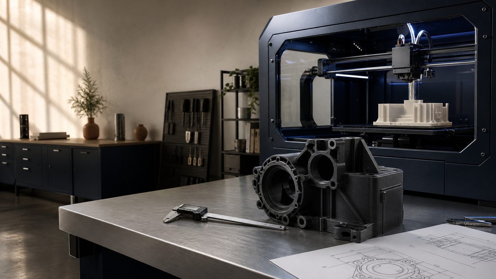 Carcasa técnica impresa en 3D sobre un banco de trabajo junto a un calibre