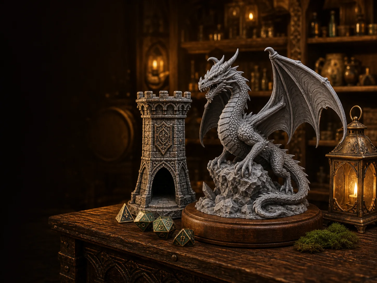 Torre de dados y dragón impresos en 3D sobre una mesa de taberna iluminada por un farol