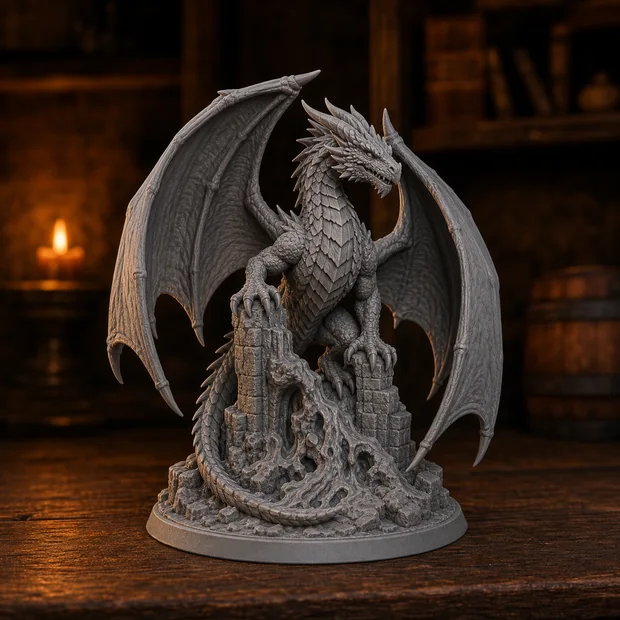 Miniatura impresa en 3D de un dragón sobre ruinas