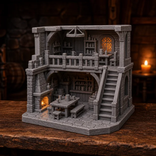 Escenografía impresa en 3D de una taberna a dos niveles