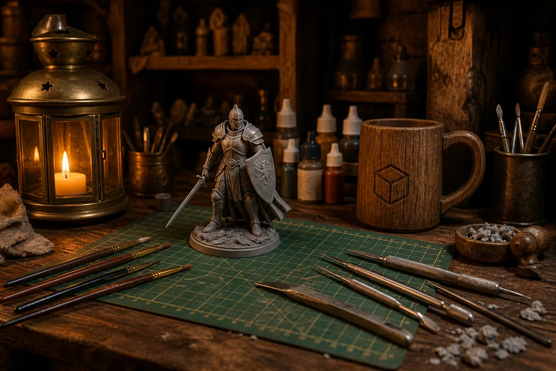 Mesa de trabajo iluminada con una miniatura y útiles de acabado