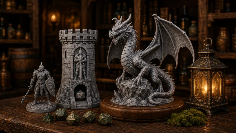 Miniaturas y torre de dados iluminadas en una taberna fantástica